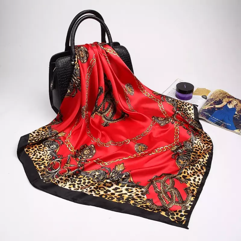 Lenços com estampa leopardo para mulheres, cetim de seda hijab, xale quadrado luxuoso, bandana para senhoras, moda feminina, 90x90cm