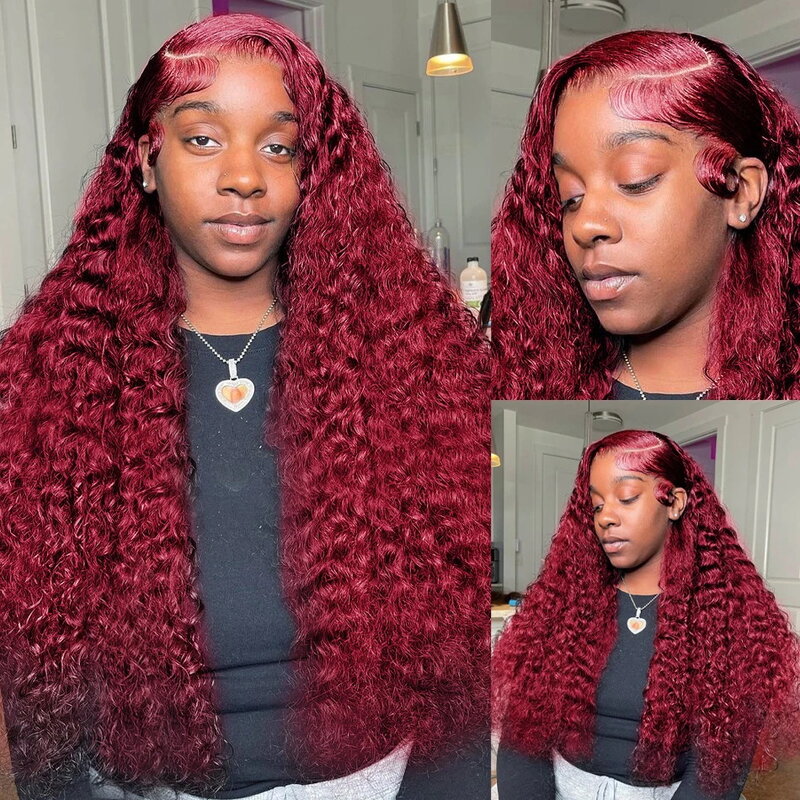 34 дюйма, свободная глубокая волна, бордовый, 13x6 HD, кружевной передний al парик 99j, красный кудрявый 13x 4, кружевной передний, Remy, бразильский парик из человеческих волос для женщин