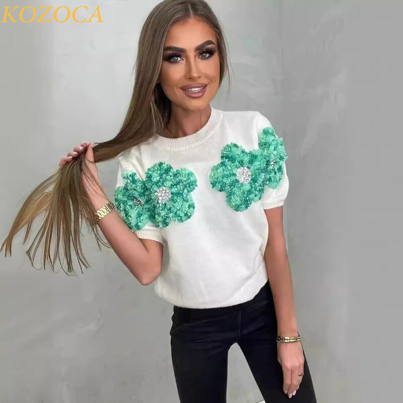 Kozoca Fashion Women 3D Flower Knitted Sweater Elegant Lady O-Neck Short Sleeve Pullover Tops Chic Female Commute Street Outfits