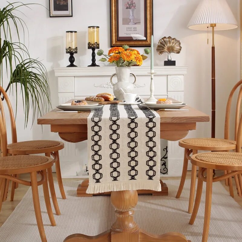 Camino de mesa con borlas a juego de Color negro, estampado a rayas, Algodón puro, decoración del hogar, nuevo