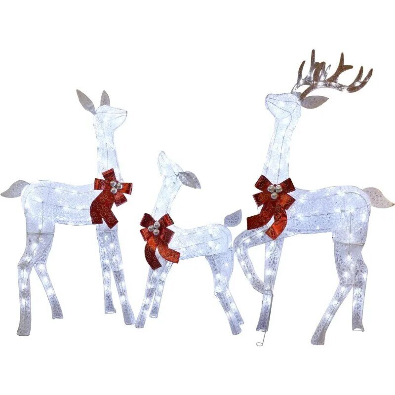Lulu-Home Christmas Yard Decoração, conjunto de 3 renas brancas pré-iluminadas, 265 LEDs luzes brancas