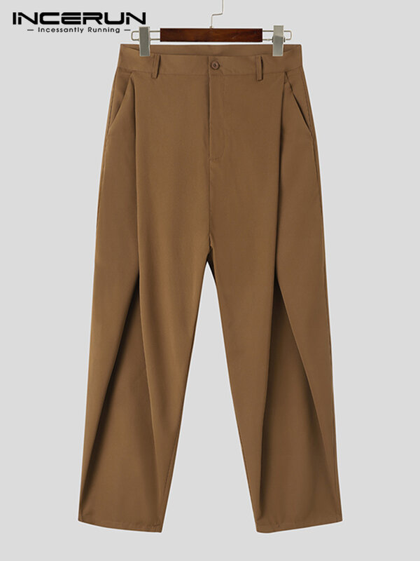 INCERUN-Calça comprida plissada cruzada masculina, calça casual masculina, calça lápis sólida que combina com tudo, moda, estilo americano, S-5XL, 2023