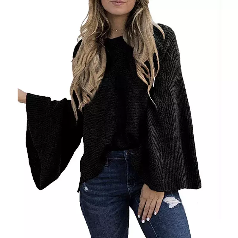2022 Women Winter Sweater Clothing Solid Trumpet Sleeves Long Flare Sleeve O-Neck Lady Fashion Autumn Sweaters Sweet Streetwear