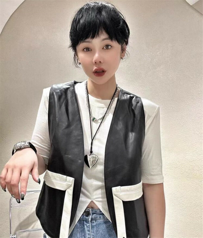 Genuine leather contrast color vest for women Korean sleeveless jacket Sheepskin OL style leather waistcoat Y4210