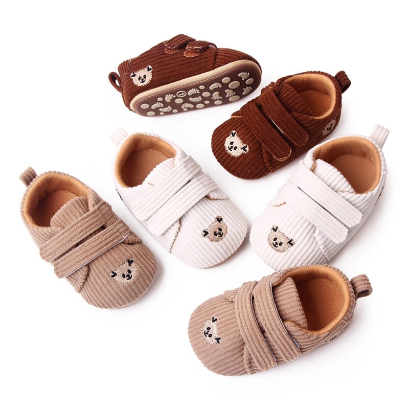 Baby Girls Boys Suede Shoes Anti-Slip Soft Sole Cartoon Bear Shoes Toddler First Walking Shoes