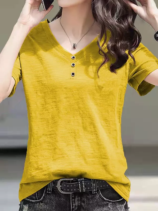 เสื้อยืดผู้หญิงแฟชั่นเรียบง่ายลำลองสีพื้นใหม่ฤดูร้อนเสื้อยืดผู้หญิงทรงหลวมคอวีสีขาวสีดำสีเหลือง