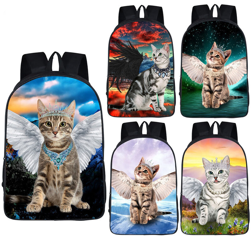 Kawaii kot czarny biały anioł z nadrukiem skrzydła plecak dla dzieci torby szkolne plecaki dla nastolatków chłopcy torby podróżne