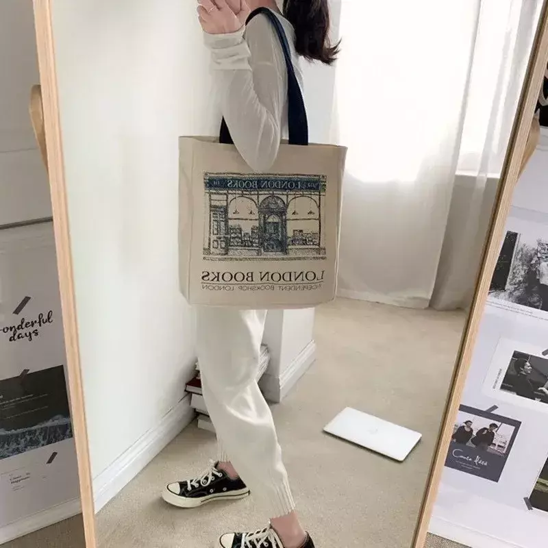 BBA170 bolso de hombro de lona para mujer, bolso informal con estampado de libros de Londres, bolso de mano reutilizable de algodón de gran capacidad