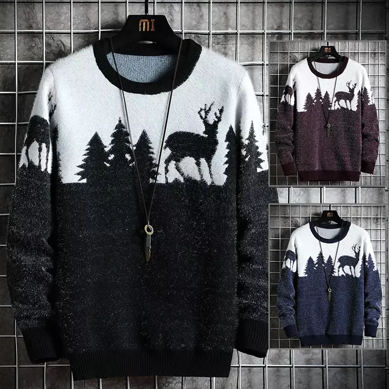 Fahion 2022 nowy męski łoś bożonarodzeniowy sweter jesienny męski luźne swetry casualowa odzież zimowa ciepła gruba pulowerowe topy nowość