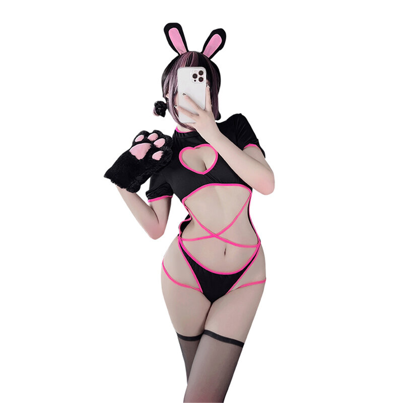 2023 New Sexy Bunny Girl Cat Girl Cosplay Lingerie Set Rose Red Bandage Heart-Shaped Swimsuit Bikini Erotic Jumpsuit Bodysuit