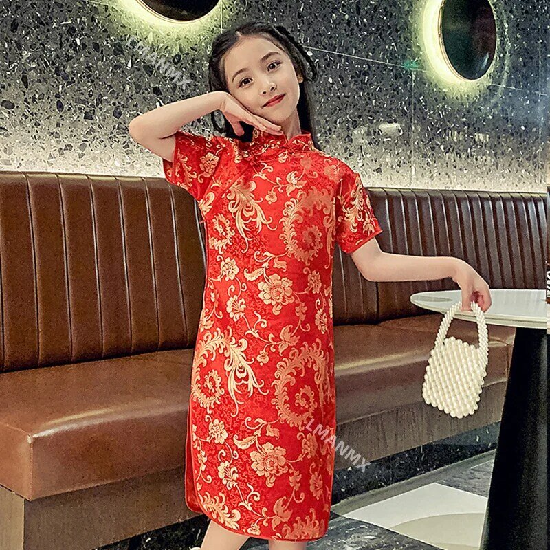 子供のための伝統的な中国のチャイナドレス、赤い漢、タンqiPao、モダンなスタイル、赤、新年