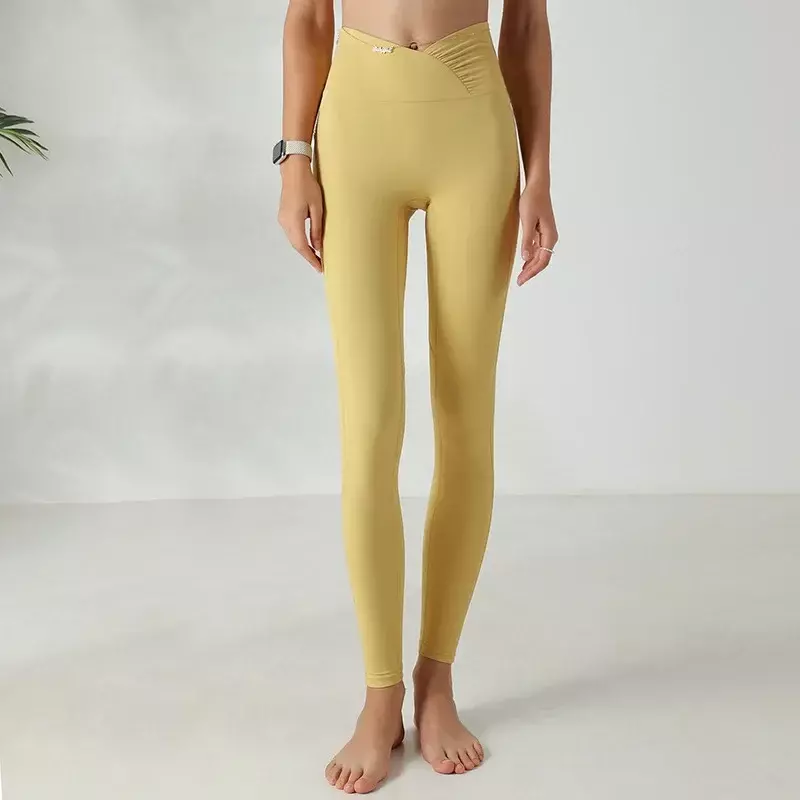 Pantalones de yoga sin línea de cintura alta, pantalones elásticos de fitness, color melocotón, desnudo, nuevo