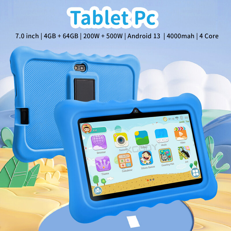 Tablet Android 13 com câmeras duplas, 5G WiFi Version, Kids Learning, Educação, Google, 4GB RAM, 64GB ROM, 7"