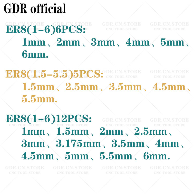 ER8 ER8 Conjunto de pinça, Pinça ER, Pinça AA UP, Mandril de Primavera, 1mm, 2mm, 3mm, 4mm, 5mm, 3.175mm, 6mm