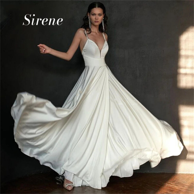 Shirene-背中の開いたプリーツVネックウェディングドレス、シンプルなスパゲッティストラップ、エレガントなプリンセスドレス、Aラインブライダルガウン、ステイン