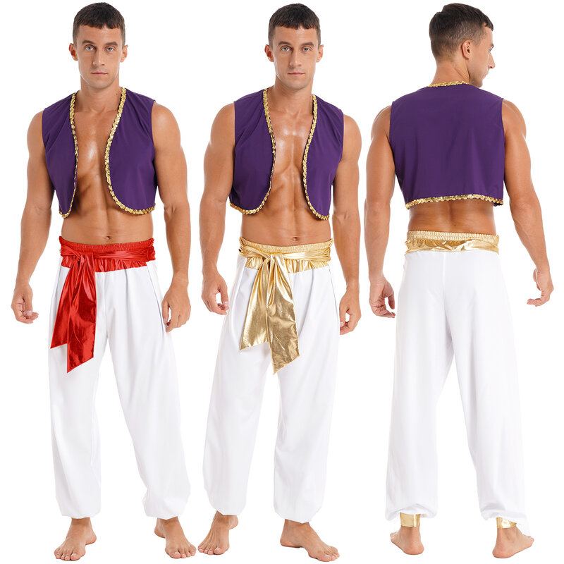 Fato de Halloween masculino com calças cintadas, príncipe, Aladin, carnaval, carnaval, cosplay, roupa de festa, colete lantejoulas, mítico