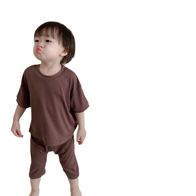 Setelan piyama rumah bayi laki-laki, 2 potong setelan balita lengan pendek polos + celana pendek, Set pakaian katun bersirkulasi untuk bayi laki-laki Musim Panas 2024