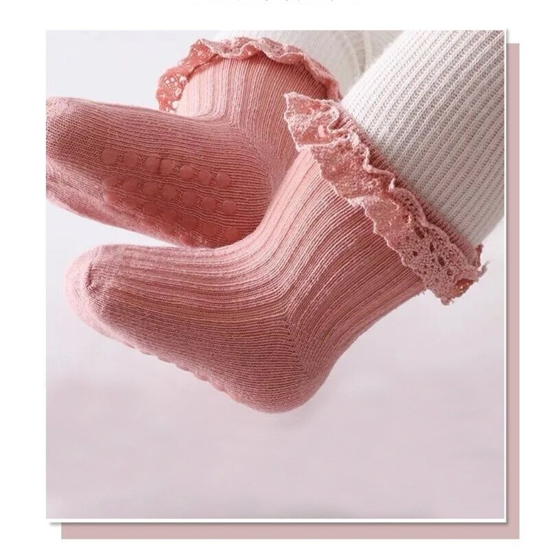 0-6 meses infantil meninas pé wear antiderrapante sólido bezerro meias babados meias d7wf