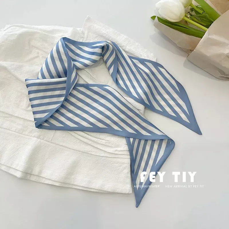Туманный синий маленький шелковый шарф для женщин в стиле Instagram Длинный эластичный галстук сумка для волос Шелковый шарф для весны и лета