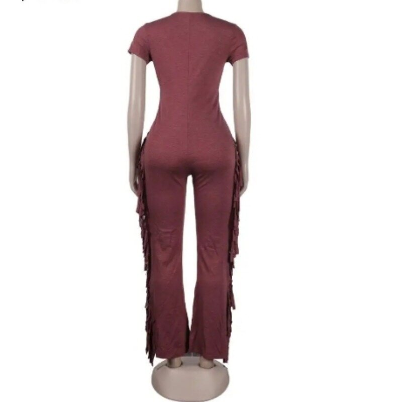 Jumpsuit Bodycon rumbai polos untuk wanita, pakaian jalanan Y2k kasual lengan pendek leher-v lengan pendek pinggang tinggi musim gugur 2023