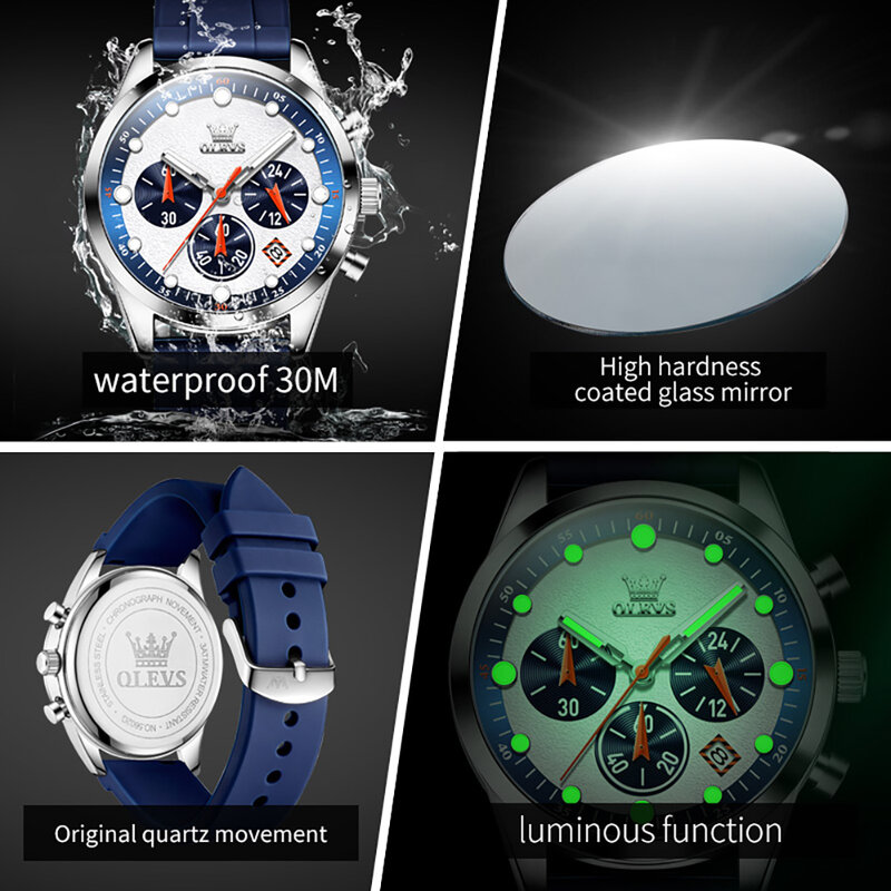 OLEVS jam tangan pria, arloji tali silikon bercahaya Quartz konograf tiga mata trendi olahraga