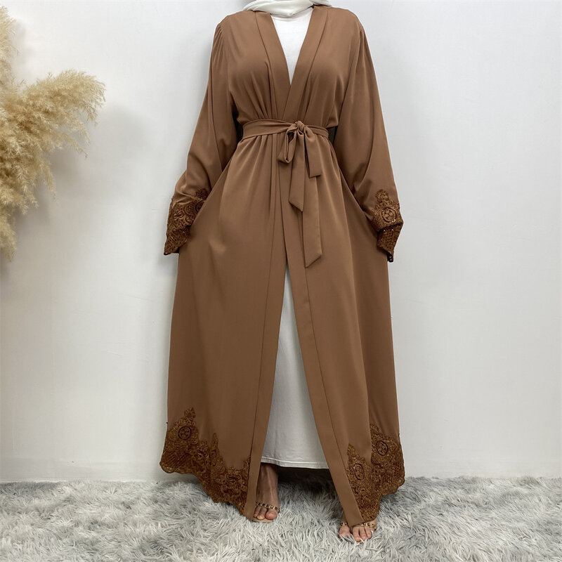 Dubai Kimono Cardigan per le donne Open Front Robe musulmano islamico pizzo Abaya caftano con cintura Ramadan Dress Jalabiya Eid Modest Abaya