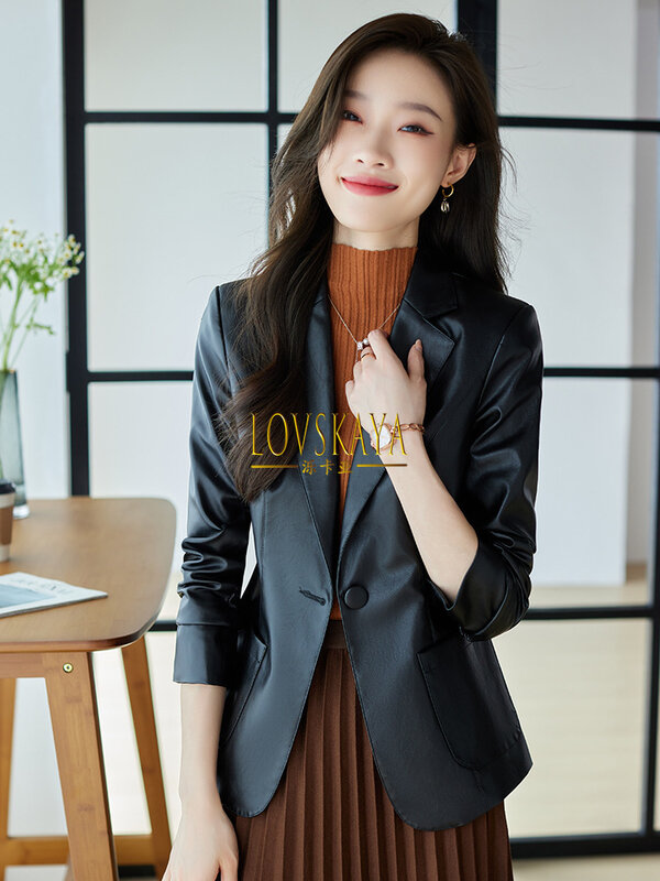 New small and short leather jacket Korean casual small suit coffee colored suit jacket for women