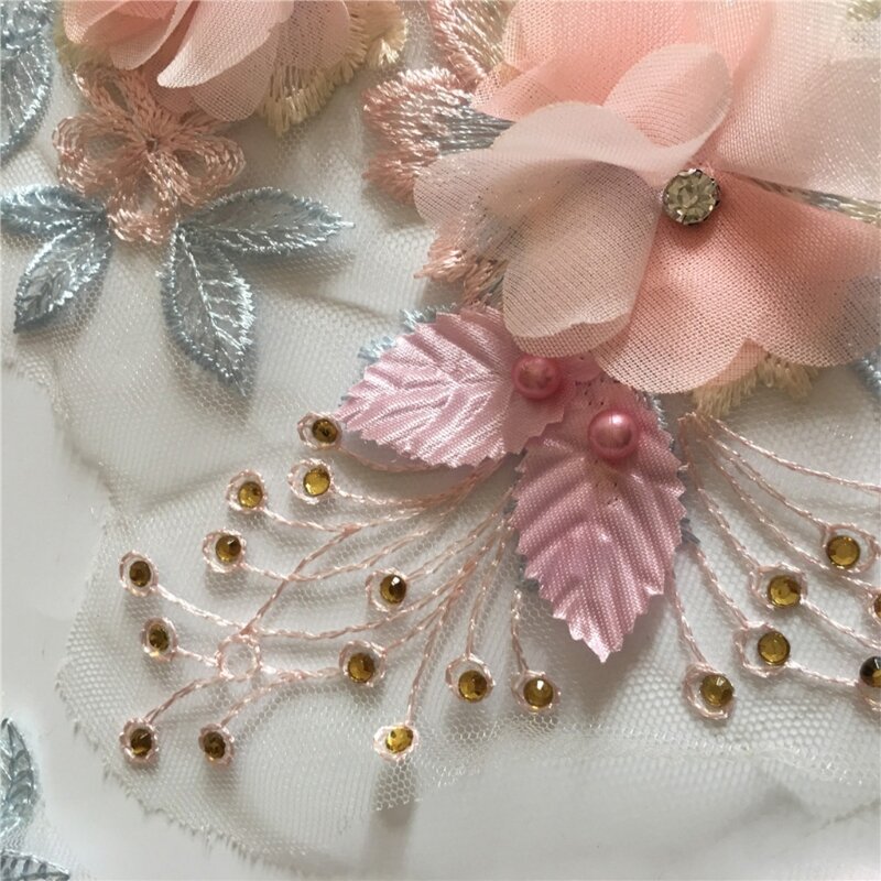 2Pcs Fashion Embroidery Polyester Pearl Lace Applique 3D Sequin Sewing Trim Lace