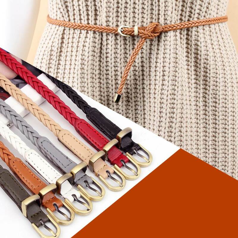 Women Braided Candy Color PU Leather Narrow Thin Buckle Belt Party Dress Decorative Waistband Ladies Jeans Waist Band