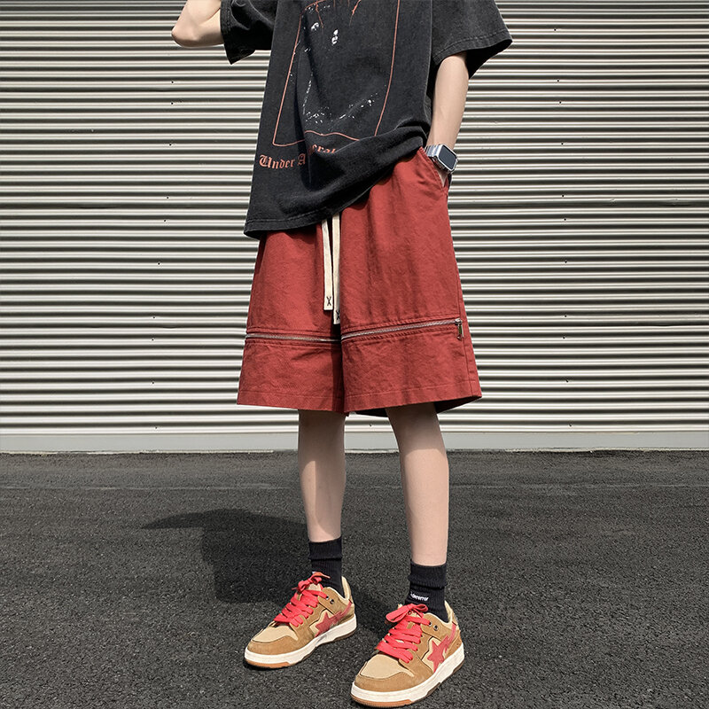 Pantalones cortos casuales para hombre, ropa de calle diaria suelta, cintura elástica Simple que combina con todo, estilo japonés, cremallera de Color sólido, diseño Retro