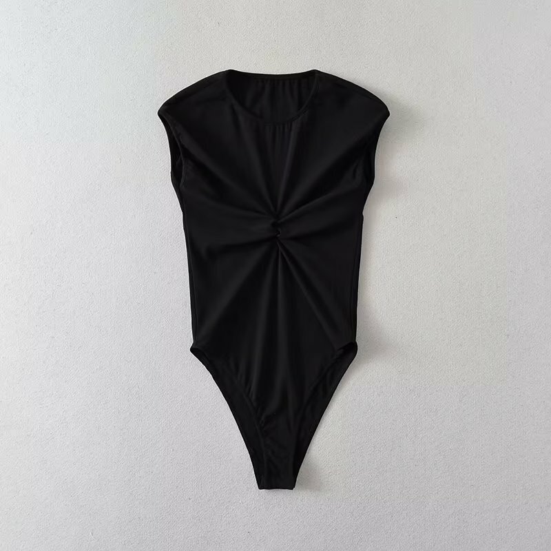 Verwelkte britische High Street Blogger plissierte schwarze Bodysuit Frauen Mode sexy schlanke Top Damen