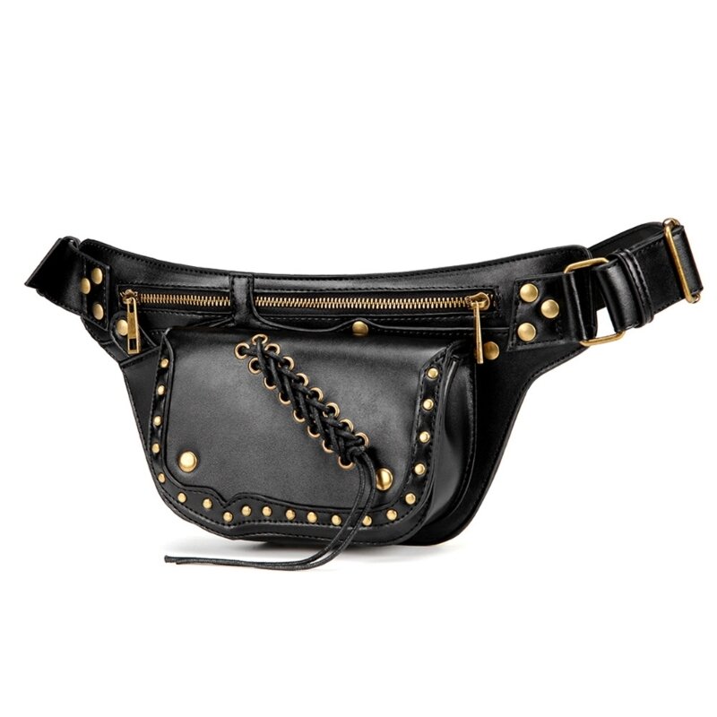 Medieval Steampunk Rivets PU Leather Crossbody Chest Bag Sling Bag Waist Purses