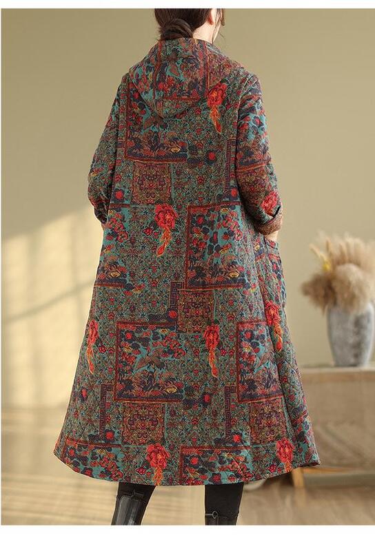 Frauen mittellanges Fleece und verdickte Kapuzen kleidung Vintage ethnischen Stil Blume warme lange Ärmel einreihige Baumwoll jacke