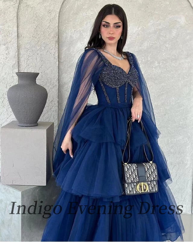 Indigo Marineblau Luxus Tüll Ballkleid Schatz Perlen boden lang eine Linie formelle Party kleid 2024 vestidos de fiesta