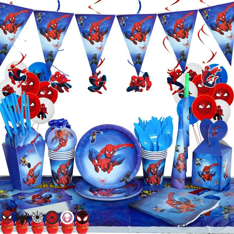 Juego de decoraciones para fiesta de cumpleaños con temática de Spiderman para niños, vasos de papel, platos de 7 pulgadas, Superhéroes, suministros para Baby Shower, 10/20 personas
