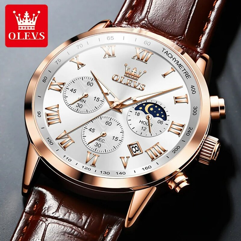 OLEVS New Mens Watches Top Brand Luxury Leather Moon Phase Quartz Watch for Men Sport Waterproof Date Chronograph Wristwatches