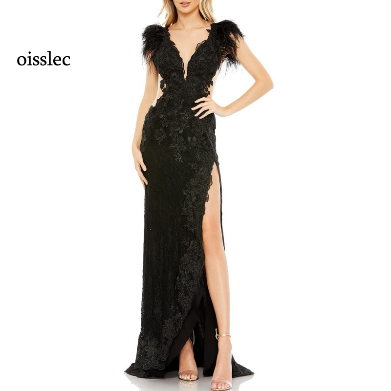 Oisstec gaun malam bordir gaun Prom gaun Fromal bulu gaun selebriti berongga gaun pesta punggung terbuka elegan menyesuaikan