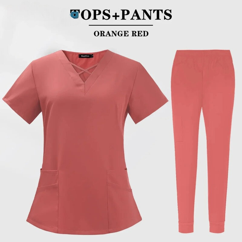 2024 neue Tierklinik Uniform Set Peeling passt einfarbig Unisex OP-Kleid Tasche V-Ausschnitt Peelings Set für Frauen Jogger