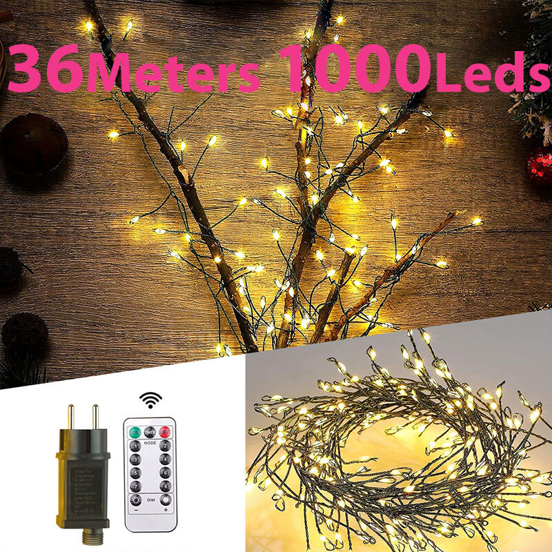 Impermeável Christmas Tree String Lights Cluster LED, Decoração ao ar livre, Lâmpada interior para Halloween, Festa de casamento, Luzes de fadas, 36m