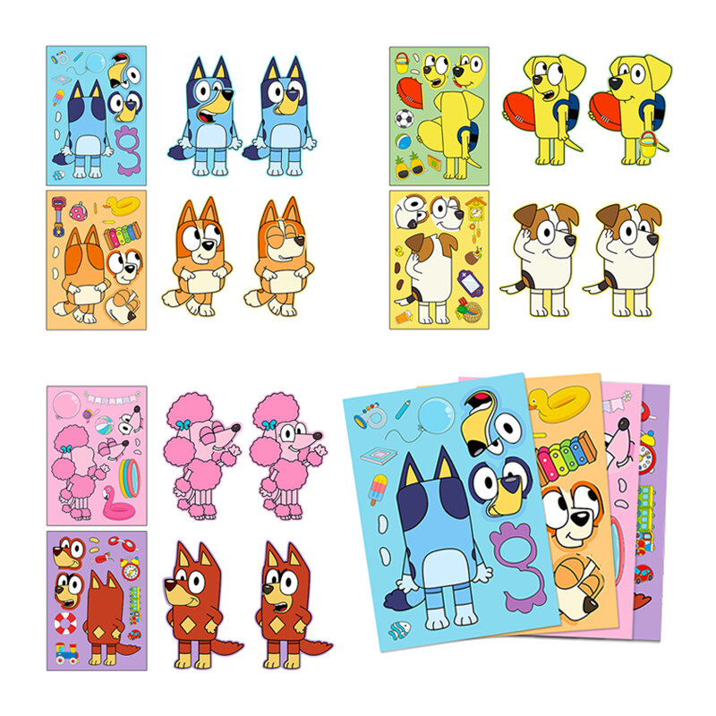 Blue Bingo Cartoon Puzzle Adesivos para Crianças, Bonito Anime Kawaii Adesivos, Diy Color Handbook Adesivo, Brinquedos Animais, Presente da Menina, 6 Pcs, 12Pcs