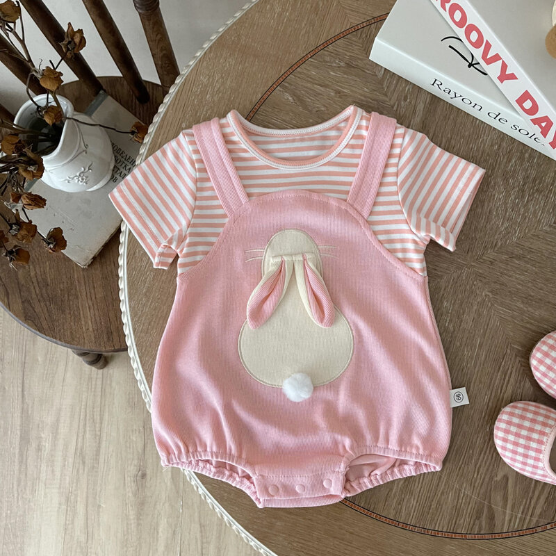 Macacão de coelho bonito para o bebê, macacão de manga curta, personalização personalizada, presente definido com nome