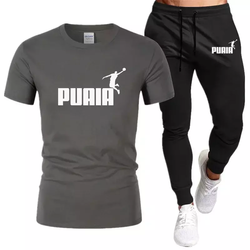 Setelan olahraga kasual pria, dua potong T-Shirt dan celana Musim Panas 2024, pakaian olahraga jogging lengan pendek katun murni modis bermerek