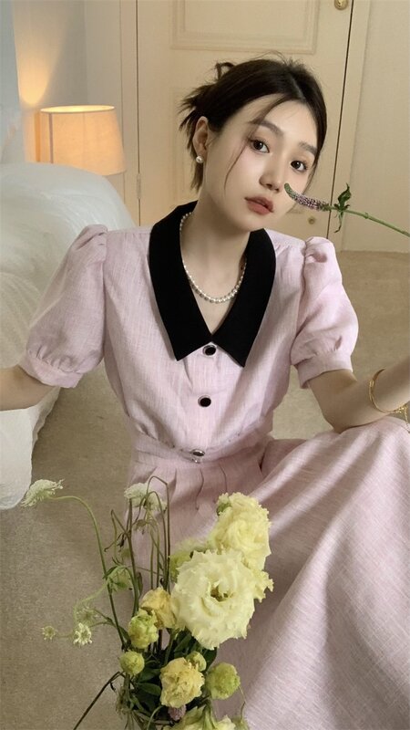 Woman's Spring/summer French Sweet Doll Collar Short Sleeve Suit A Skirt Suit Retro Contrast Lapel Suit Overskirt Two-piece Set
