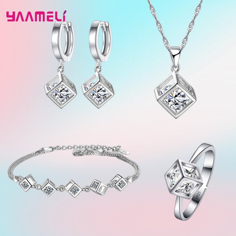 Top Sale Real Pure 925 Sterling Silver Jewelry Gift Set Cube Cubic Zircon Necklace/Earrings/Bracelet/Ring for Wedding Engagement