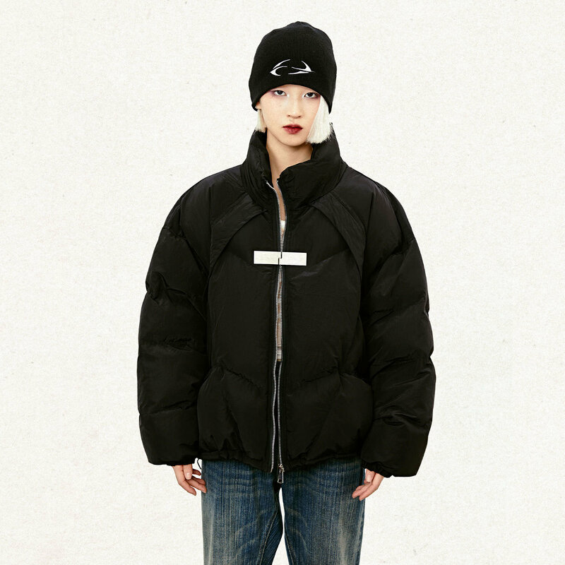Jaket Puffer gesper logam dekonstruksi, jaket tebal Parka hitam musim dingin