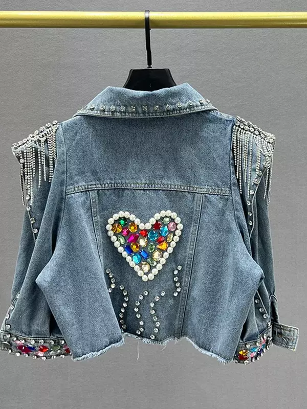 태슬 리벳 다채로운 다이아몬드 데님 재킷, 긴팔 스트리트웨어 아우터 재킷, 패션 코트, 2024 여름 신상 탑