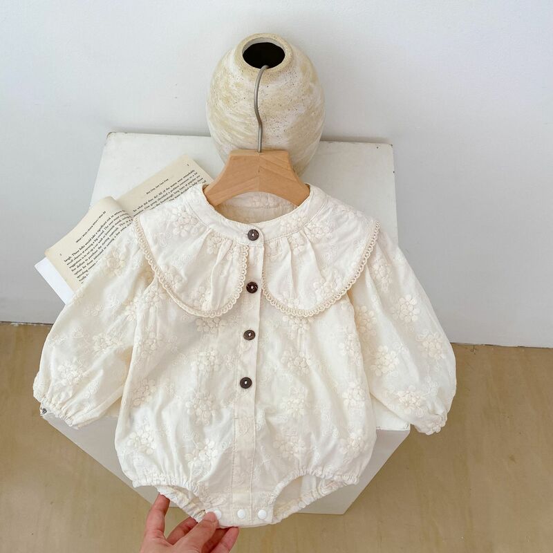 Macacão bebé manga comprida com colarinho de boneca roupa de algodão bordado flor, primavera, novo