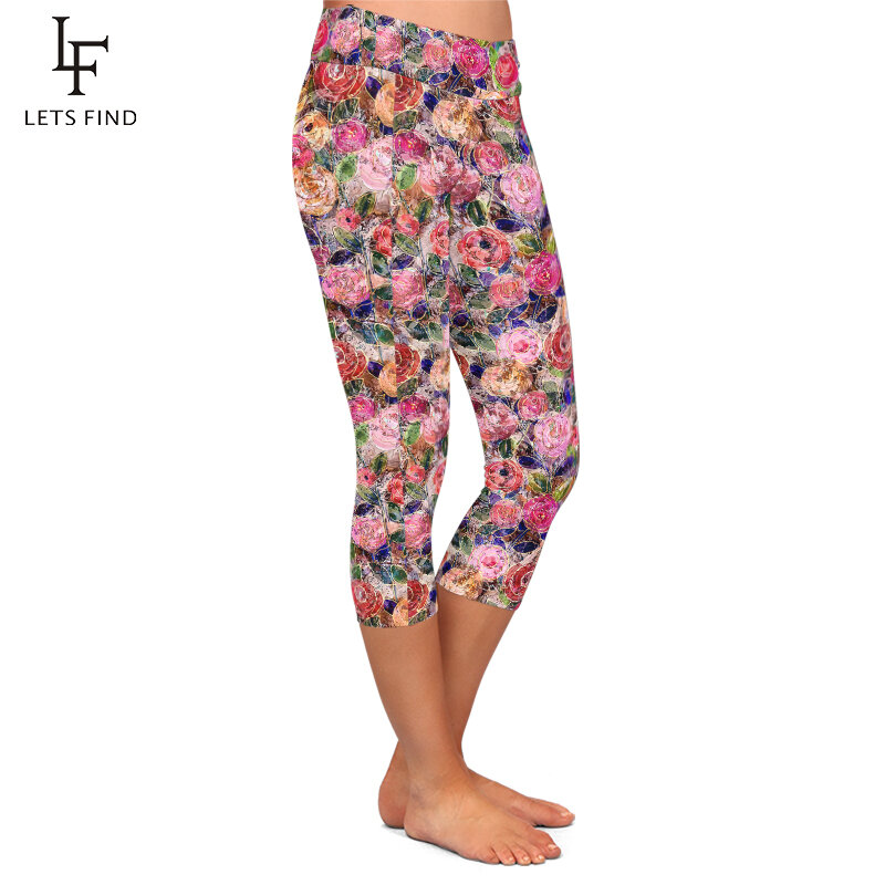 LETSFIND-Capri leggings fitness para mulheres, calças de cintura alta, estampa floral colorida 3D, meio da panturrilha, meninas, sexy, verão, novo, 3, 4
