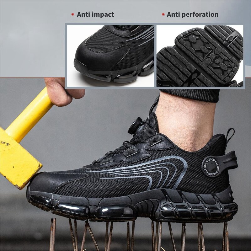 Sapatilhas de trabalho fivela rotativa, sapatos de segurança industrial, à prova de perfuração, anti-quebra, toe de aço