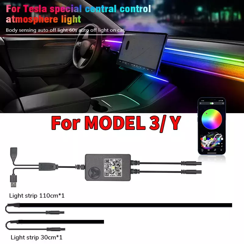 Tira de luces LED de neón RGB para tablero de consola central Tesla modelo 3 Y, carga inalámbrica, ritmo Musical, alimentación USB, Control por aplicación